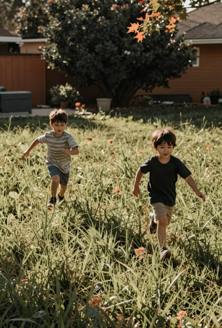 Candid photography of children running through a tall grass field in a North American / US backyard. The scene is sun-drenched and warm, with charcoal and terracotta accents in the background foliage. Soft focus, cinematic feel.