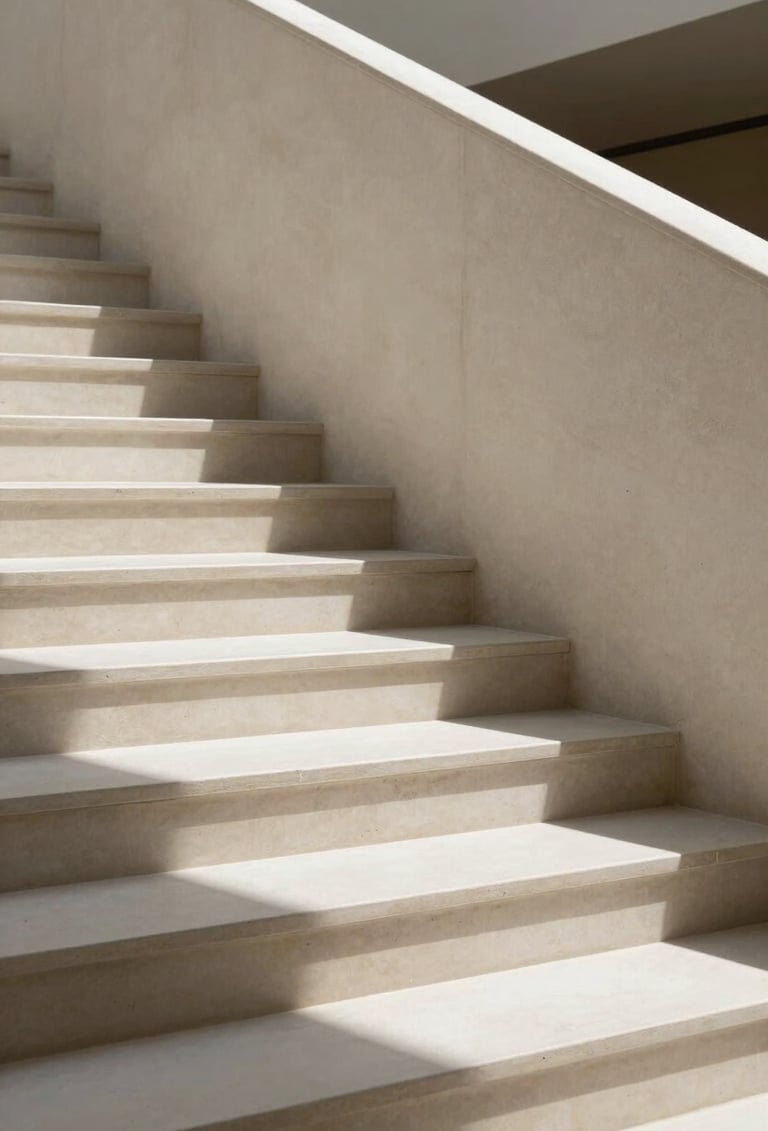 Close-up architectural detail of a modernist staircase in a high-end European art gallery. Stark shadows fall across off-white stone steps, creating sharp geometric patterns. Clean, editorial composition with no visual clutter.