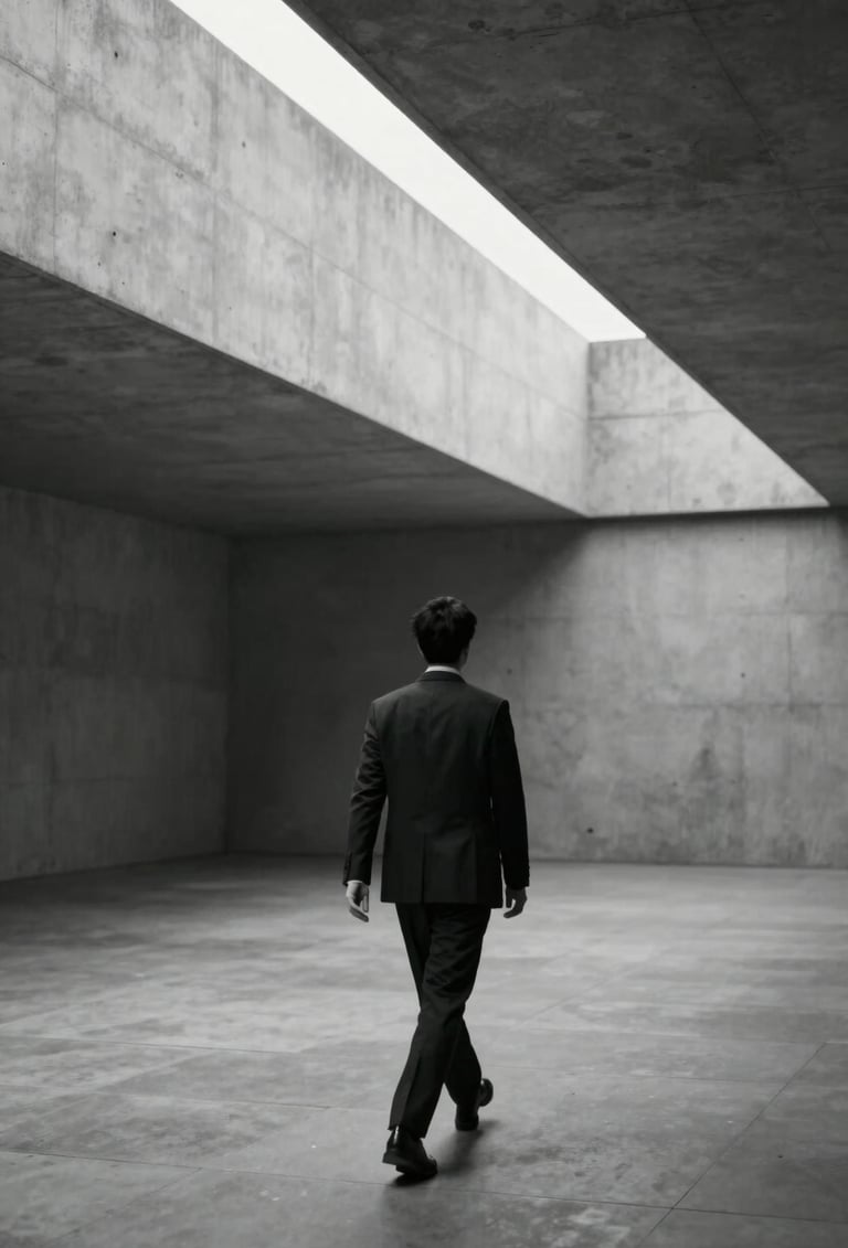 A cinematic wide shot of an actor walking through a minimalist concrete architectural space. High contrast, sharp lines, neutral tones of #A8A8A8 and #0F0F0F.
