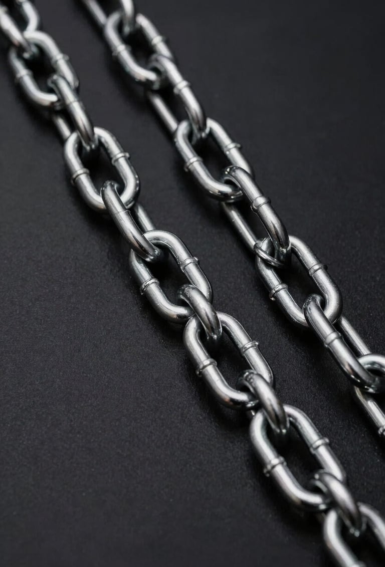 A minimalist photography shot of thick, heavy chrome-plated metal chains resting on a matte black surface. High-contrast lighting highlights the metallic sheen and sharp edges. Edgy and modern North American aesthetic.