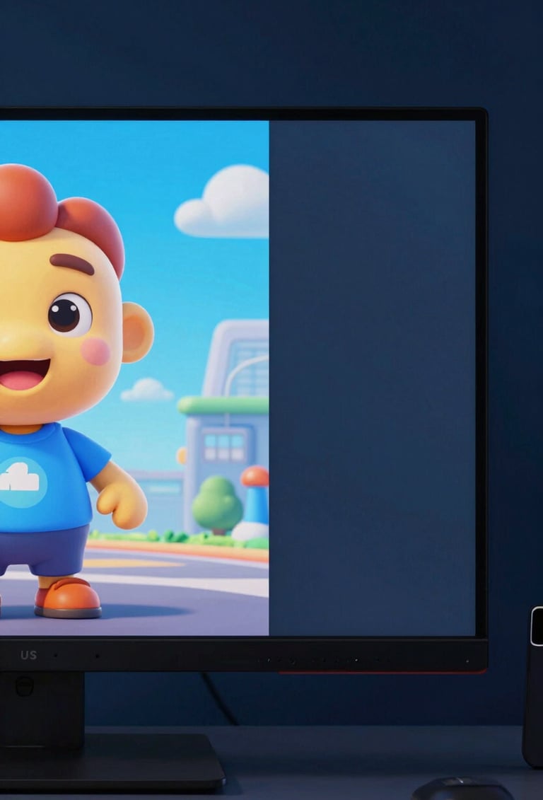 A close-up of a high-resolution display showing a colorful cartoon character in a professional North American / US office setting, with soft deep navy blue and sky blue lighting.