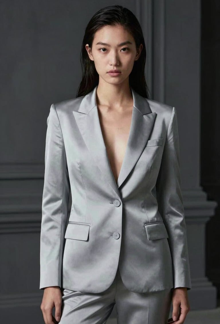 A portrait of a fashion model in a mist grey silk suit, positioned against a deep charcoal architectural background. The lighting is sharp and dramatic.