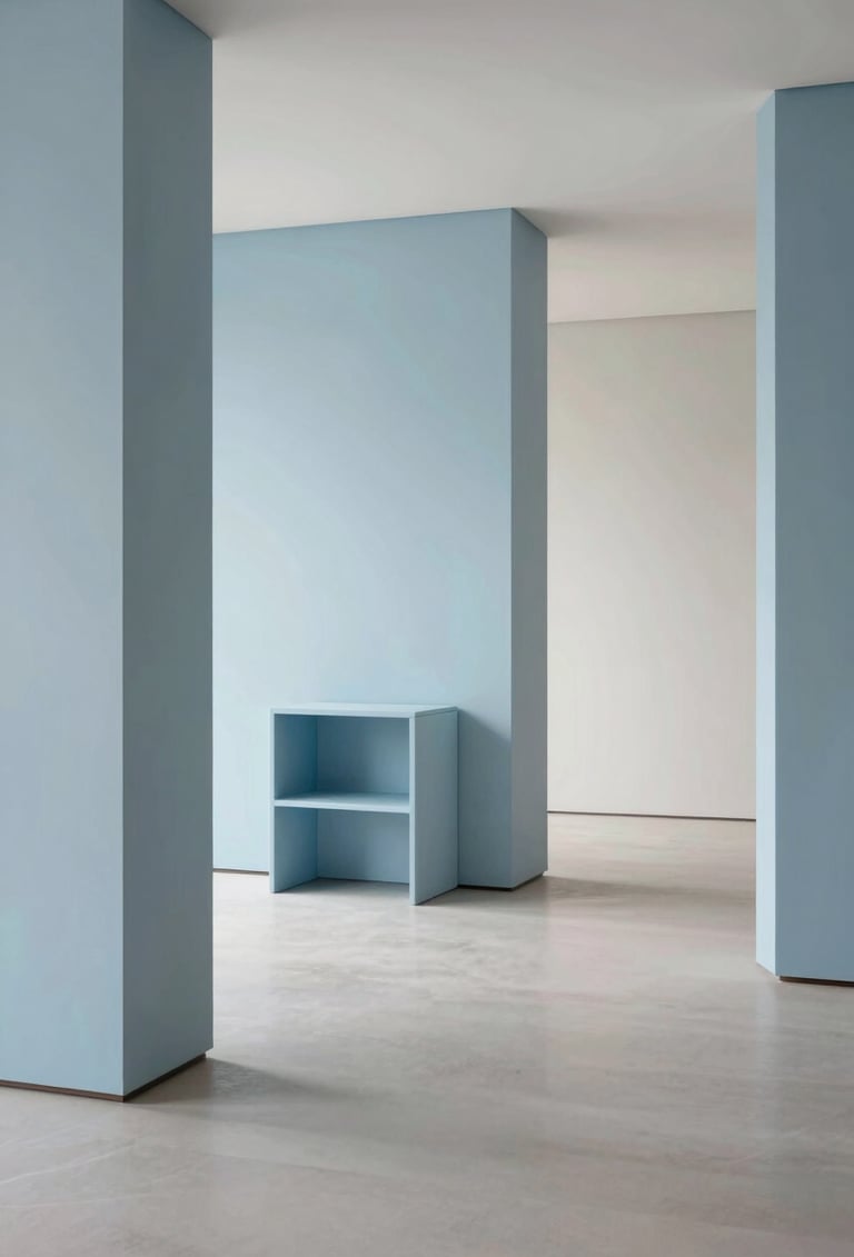 Professional photography of a minimalist interior featuring custom-designed furniture in a pale blue and soft white palette. Clean lines, sophisticated materials, and a spacious Baltic atmosphere. High-end architectural style.