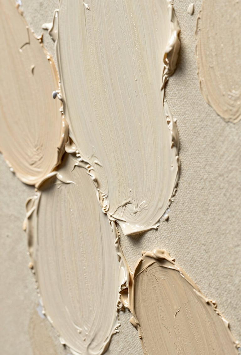 Extreme close-up of thick oil paint textures on canvas, showing shades of cream and sand with a sophisticated impasto technique, side lighting highlighting the three-dimensional quality of the art.