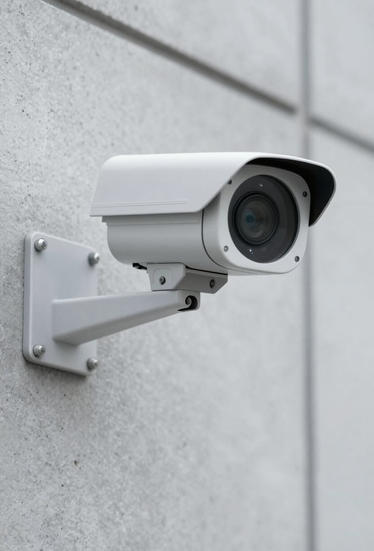 A close-up, sharp focus image of a modern CCTV camera mounted on a concrete wall. The style is clean and professional, with a color palette featuring #607D8B and #F5F5F5. The composition is minimalist and conveys a sense of watchful scrutiny.