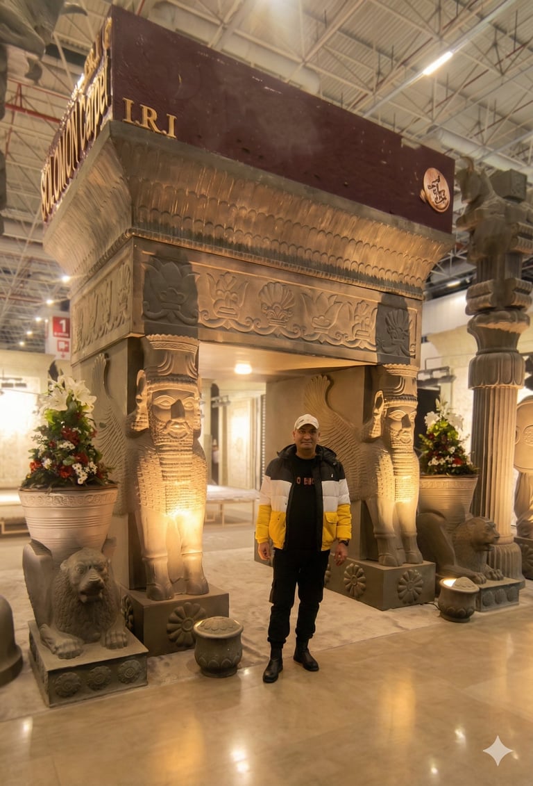 Custom designed exhibition stand with historical architecture and statues at an international trade 