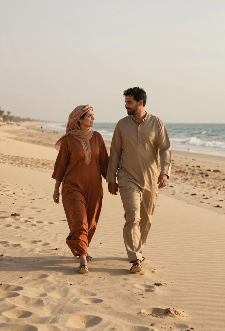 A candid shot of a couple walking on a soft sand beach in a Middle Eastern / Gulf coastal setting during golden hour, sun-drenched lighting, warm tan and burnt terracotta accents in their attire, authentic storytelling style.