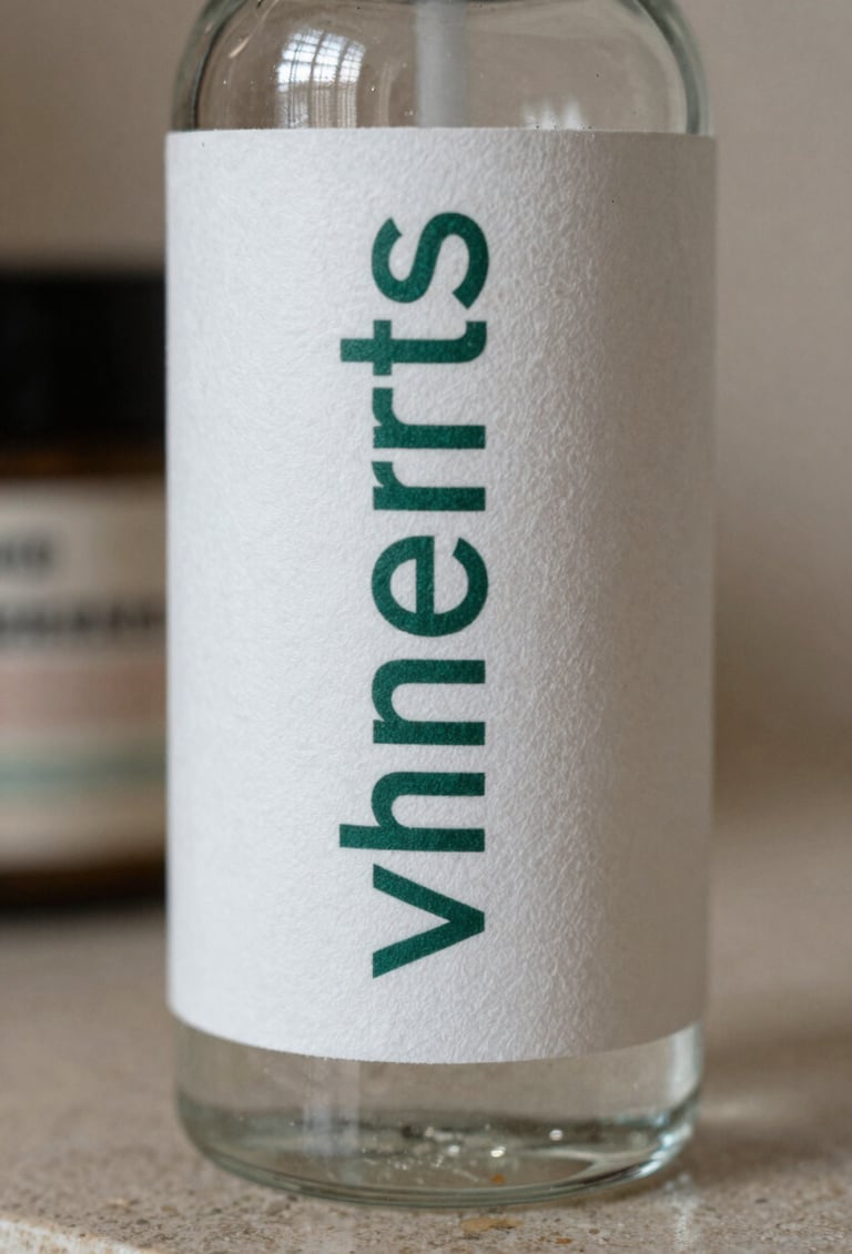 Close-up of a premium skincare glass bottle with a textured paper label. The label is mist white with deep sea green typography. The bottle sits on a polished stone surface in a North American / US luxury environment. Soft focus background.
