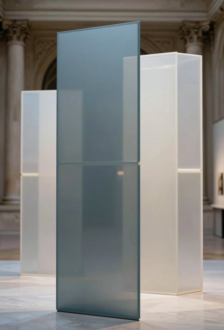 Photography of a contemporary sculptural installation in a European / French cultural center. The piece is made of translucent materials reflecting muted slate blue and soft off-white colors. Sharp focus, professional gallery lighting, modern aesthetic.