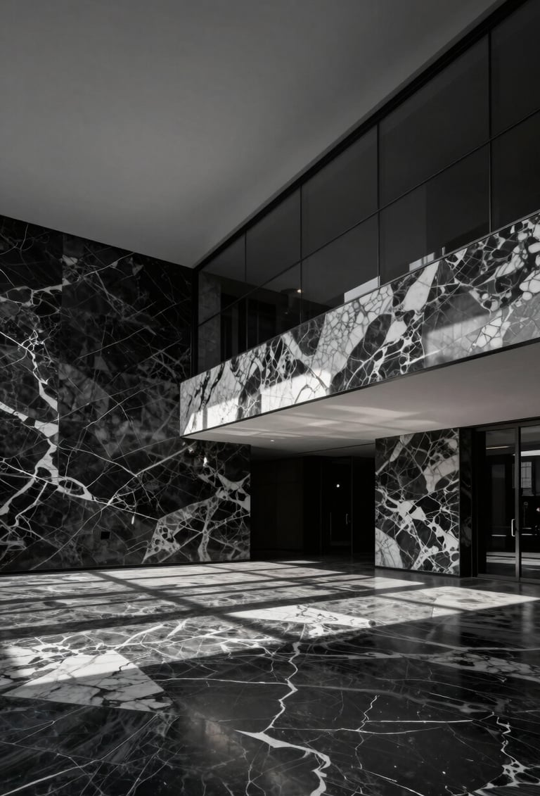 A cinematic wide-angle photograph of a sophisticated modern architectural space, minimalist design with black and white marble, elegant shadows, premium atmosphere, Global / Hispano setting.