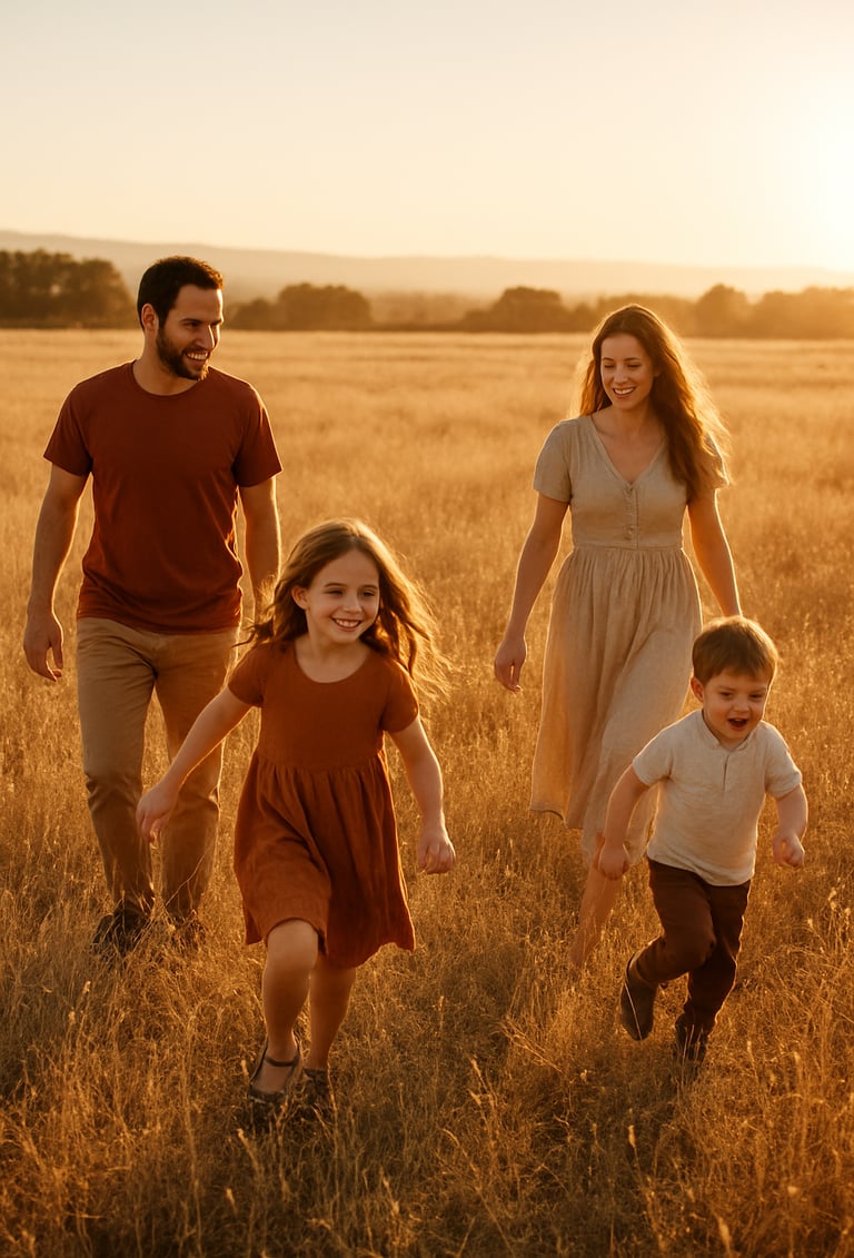 A wide, candid lifestyle shot of a family walking through a golden field in the US during the golden hour. Sun-drenched environment with warm sand and terracotta tones, cinematic composition capturing genuine motion.