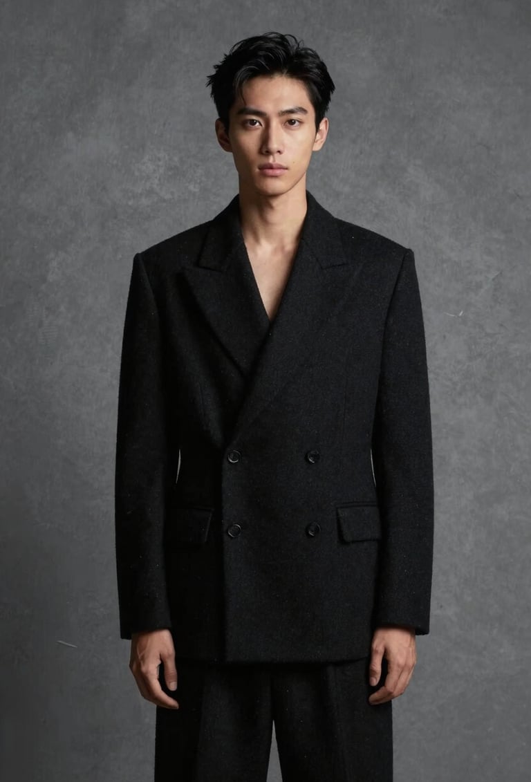 Editorial portrait of a figure in structured black wool garments, standing against a medium gray textured wall, North American / European, high-contrast studio lighting, minimalist composition, deep black and medium gray tones.