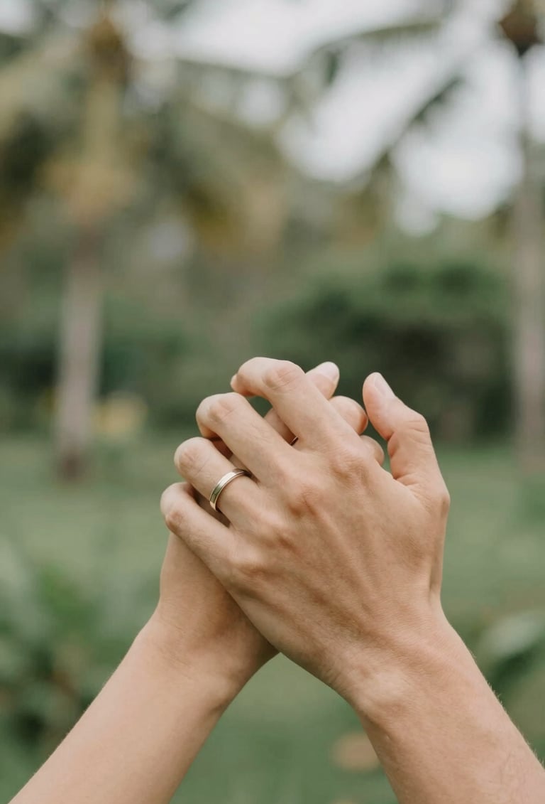 Close-up of a couple's hands intertwined, wearing simple rings, with a beautifully blurred tropical background in Bali. Warm, intimate storytelling aesthetic, natural lighting, featuring tones of #5F705B, #C7B7A3, and #F7F3EE.