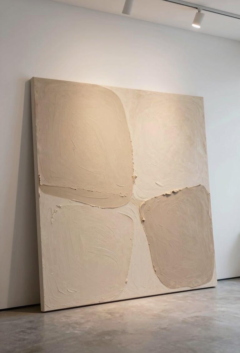 A large, minimalist square canvas leaning against a clean white wall in a modern North American living room. The art features heavy textures in soft sand and light clay tones, with organic shapes created by palette knives. The lighting is warm and gallery-like.