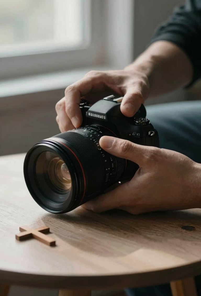 A close-up, artistic shot of a photographer's hands adjusting a lens, with a small, elegant wooden cross visible on a nearby table. Soft morning light filters through a window, creating deep shadows in #1A2F3C and highlights in #F5F2EC. Professional and peaceful atmosphere.