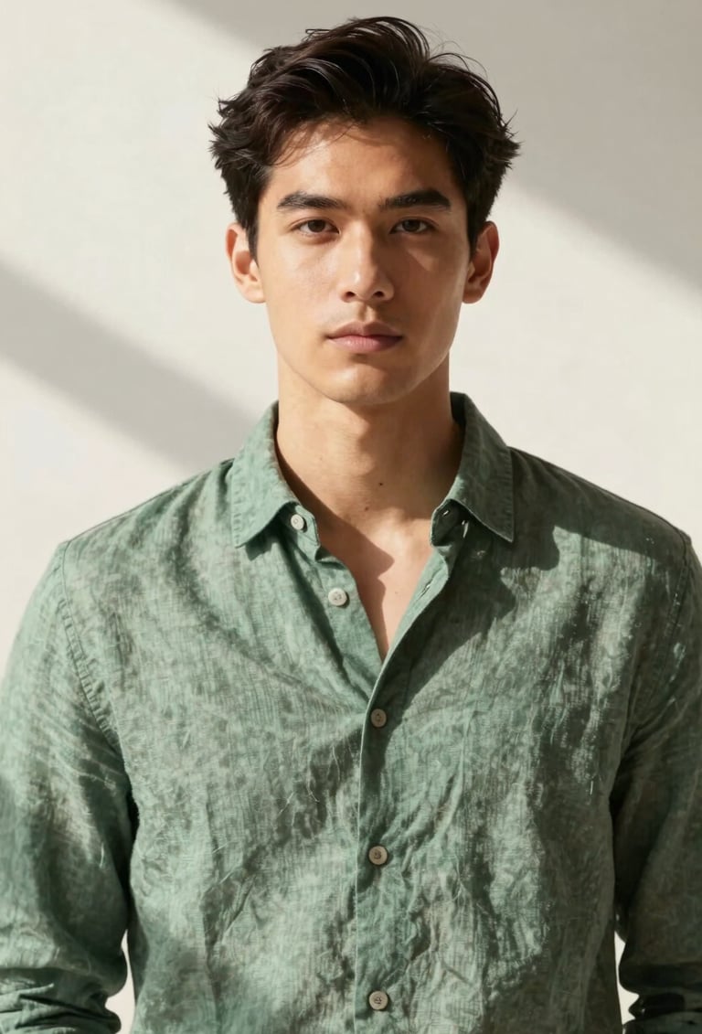 A high-end, artistic portrait of a subject in a sage green linen shirt, bathed in soft, natural morning light. The background is a clean, off-white wall with subtle shadows. The style is minimalist and elegant.
