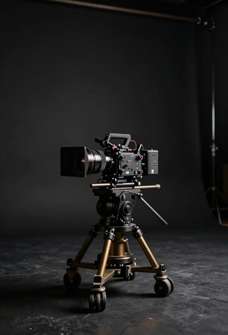 A wide-angle cinematic shot of a high-end media production set in a North American / US studio. Deep charcoal black shadows dominate the frame, with muted metallic gold accent lights hitting a professional camera rig on a dolly.