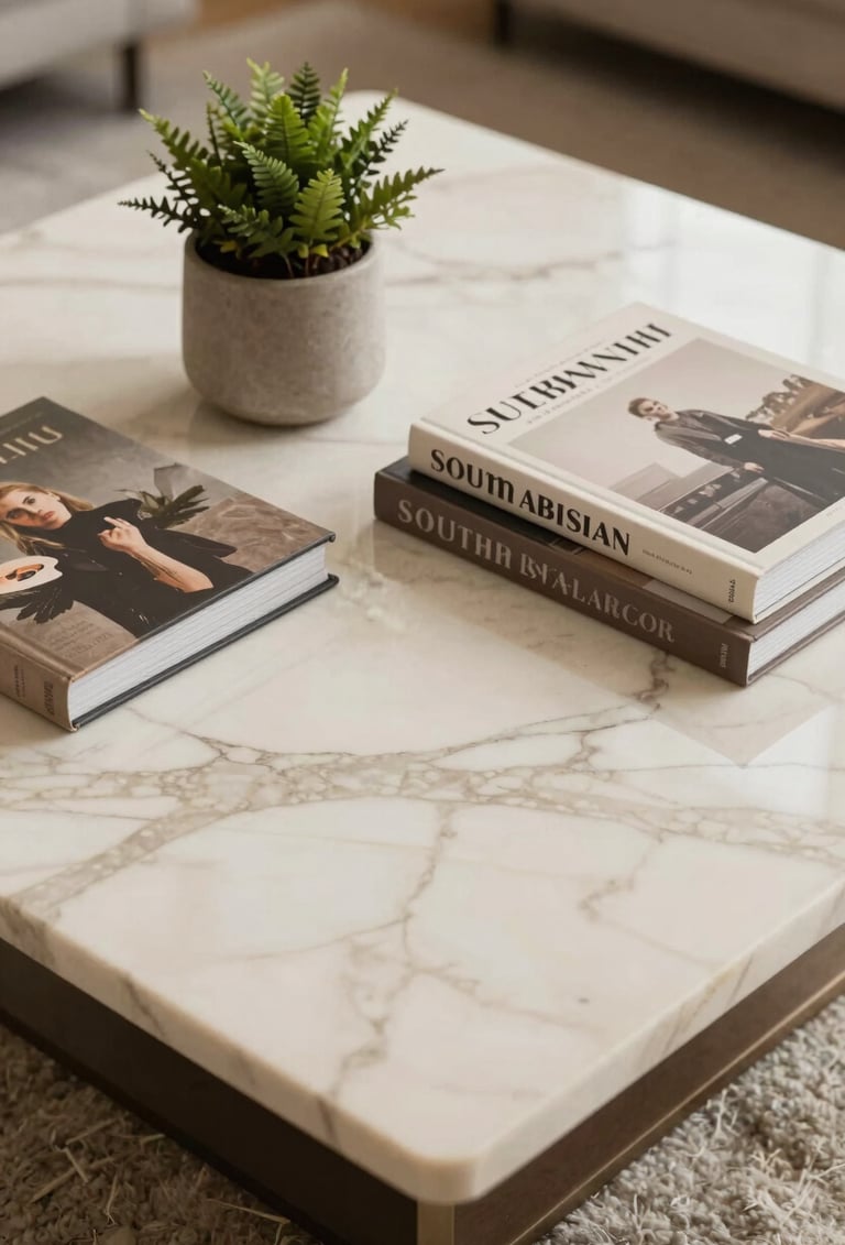 Close-up of a high-end marble coffee table styled with design books and a small native plant, showcasing cream and warm taupe tones, elegant South American interior design photography.