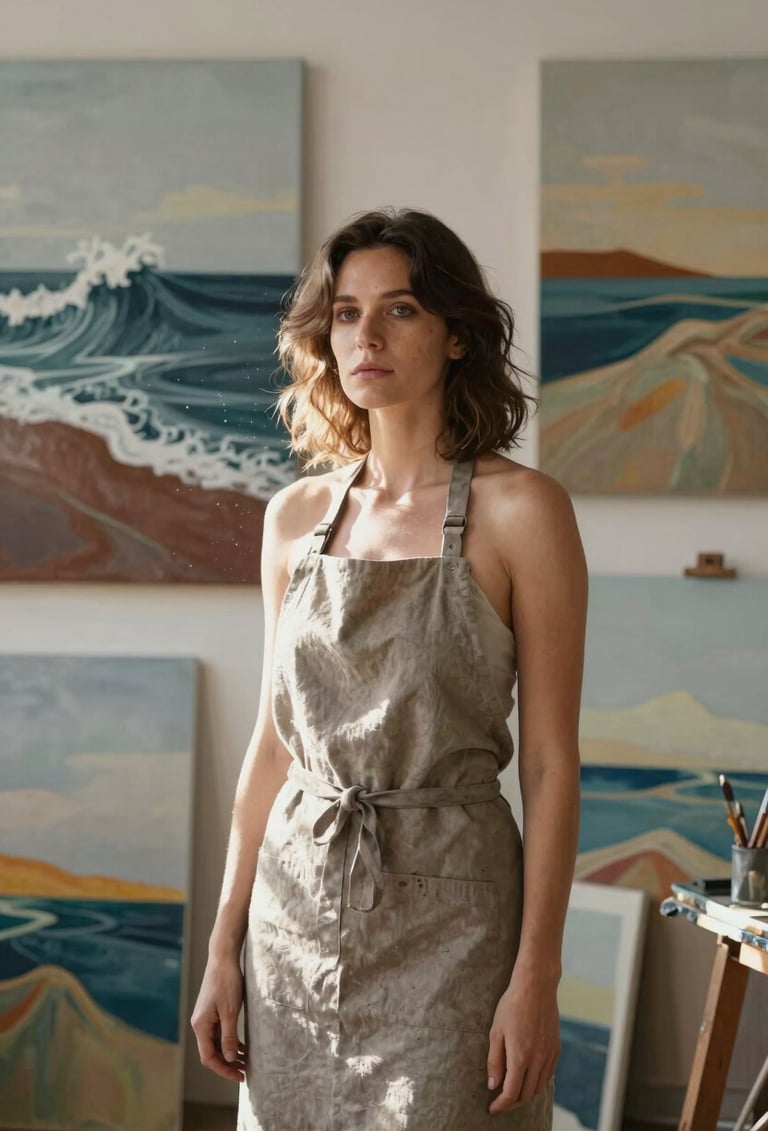 A soulful portrait of an artist in her studio, surrounded by large abstract paintings of waves and earth. She wears a muted taupe linen apron, and soft morning light streams through a window, illuminating specks of dust and vibrant color on her canvases.