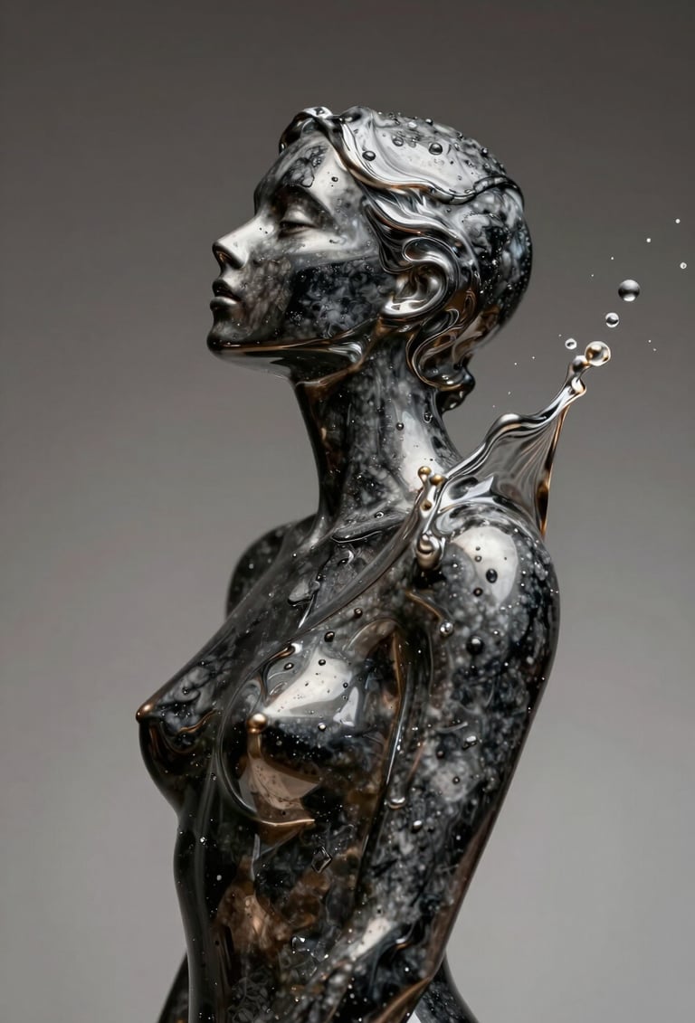 A sharp, close-up macro shot of a liquid chrome sculpture splashing in mid-air. The surface reflects dark charcoal and steel slate tones. Studio lighting with high contrast against a minimalist background, looking like high-end VFX art.