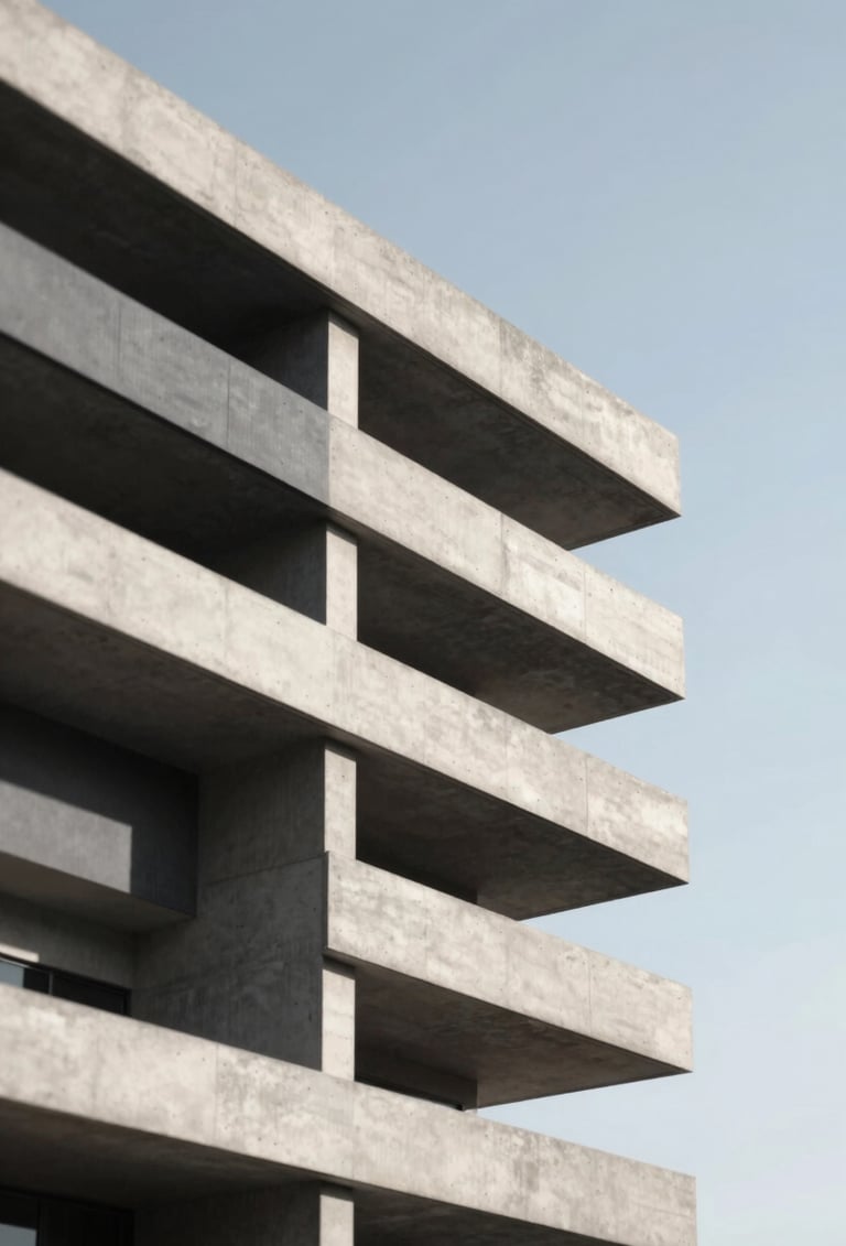 A striking architectural detail of a brutalist concrete building against a sharp, clear sky. Strong geometric shadows. The palette uses #1A1A1A for shadows and #F5F5DC for the illuminated concrete surfaces. Minimalist and bold.