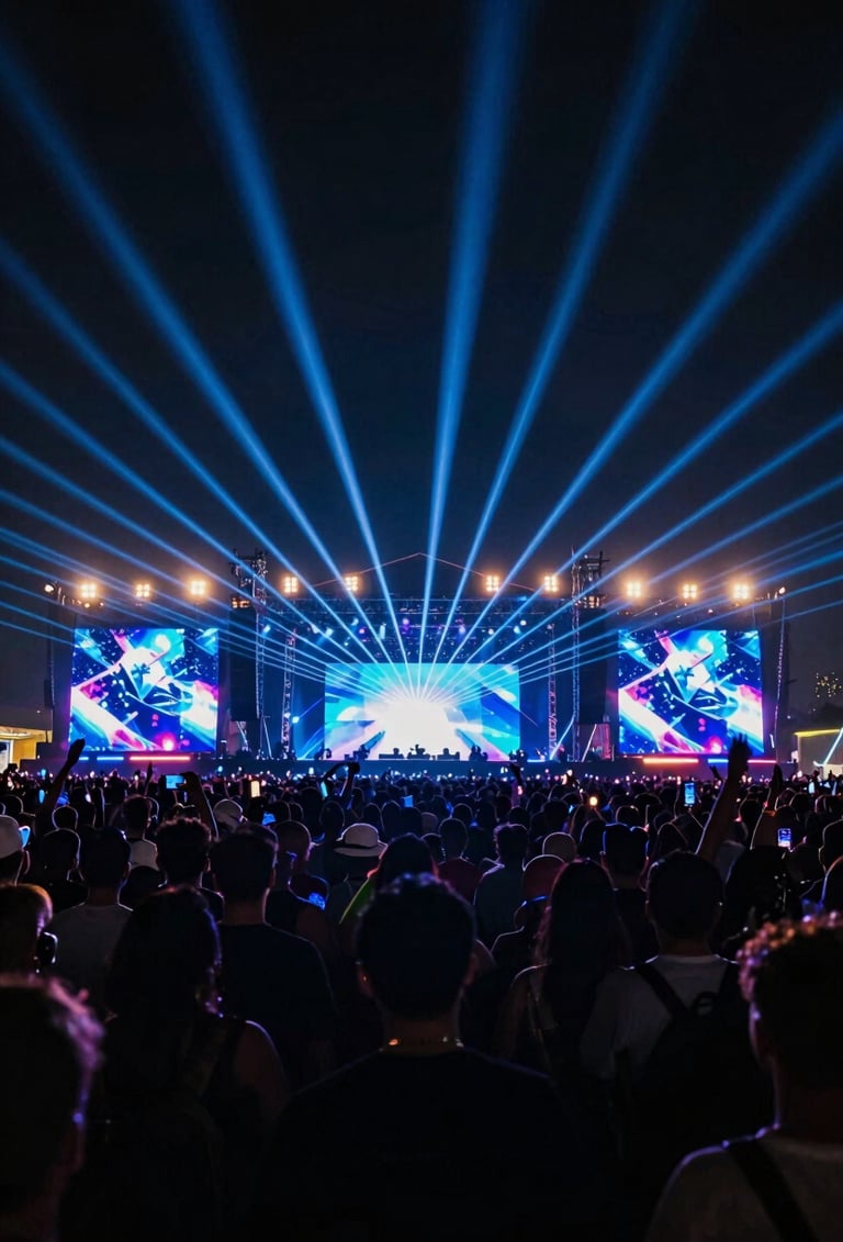 Wide shot of a massive outdoor electronic music festival stage at night, vibrant #7A7CF1 laser beams, dark crowd silhouettes, cinematic lighting.