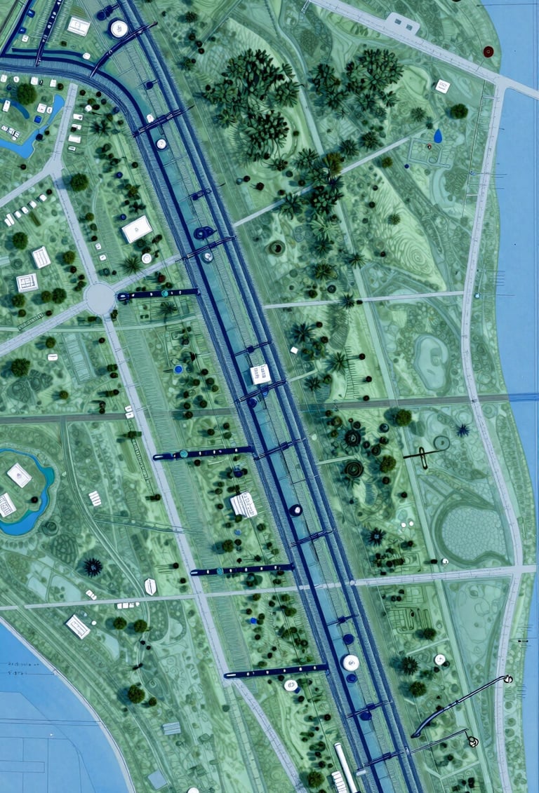 A detailed technical blueprint and architectural map of a water distribution network overlaid on a green landscape, professional clean aesthetic with dark navy blue lines on a light steel blue background.