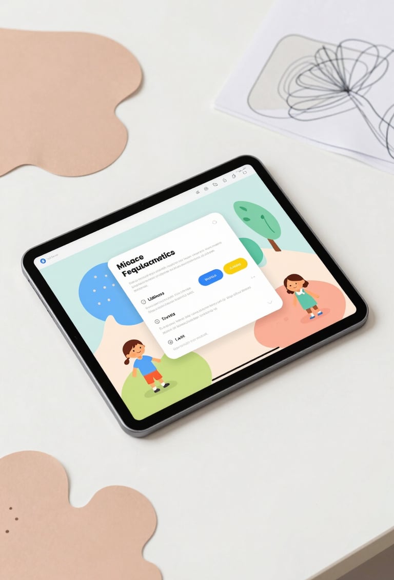 A creative workspace composition showing a tablet with a colorful user interface for kids, surrounded by organic paper shapes in #FFC6A6 and soft-textured sketches, shot in bright natural light.