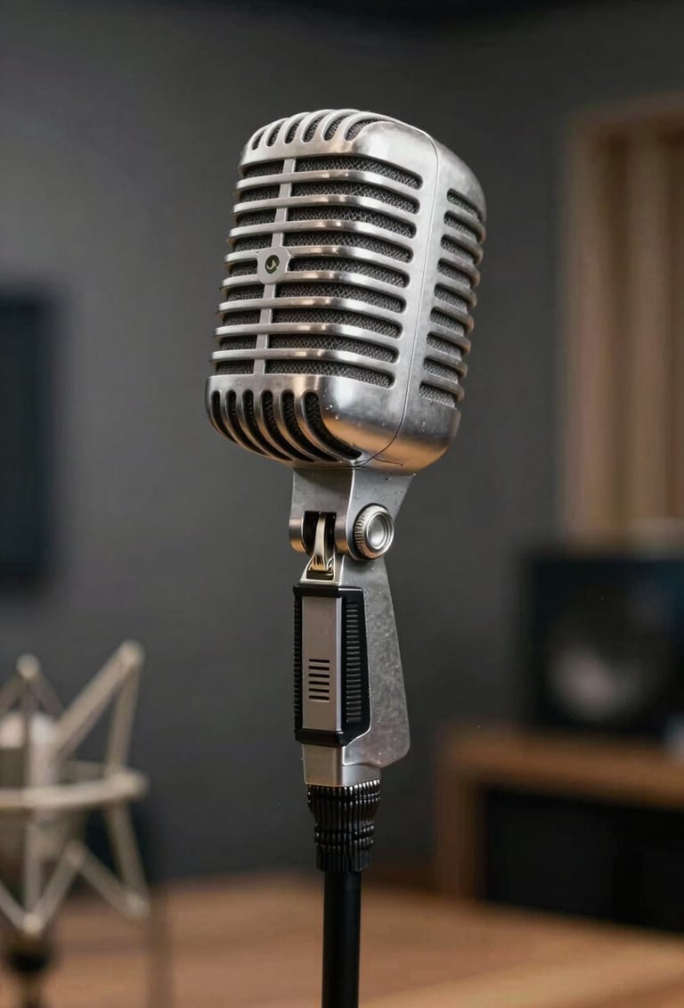 Artistic photography of a vintage silver microphone in a dark, professional recording studio. Faint cinematic haze in the background with soft gray lighting. Premium and authentic North American / US music production atmosphere.