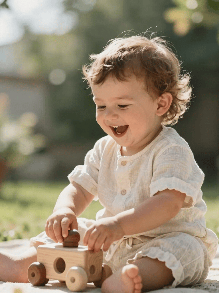An artistic shot of a toddler laughing while playing with a wooden toy in a sunny Bodrum garden. The child is wearing simple linen clothes in off-white. The lighting is bright and airy, emphasizing a modern and visually-driven aesthetic.