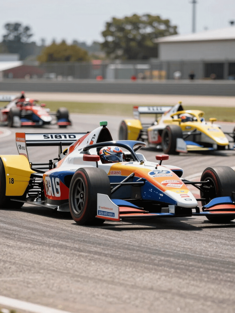 A low-angle action shot of Formula Indie cars racing through a North American street circuit, asphalt texture in the foreground, vibrant team liveries, bright natural sunlight.