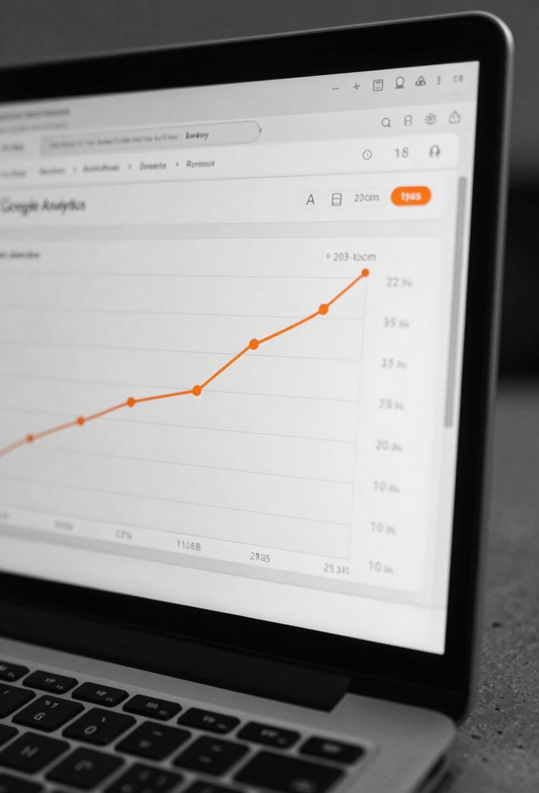 High-contrast macro shot of a laptop screen displaying a Google Analytics dashboard showing a clear upward trend in revenue, cool office light, sharp focus on the growth curve, monochrome with safety orange highlights on key metrics.
