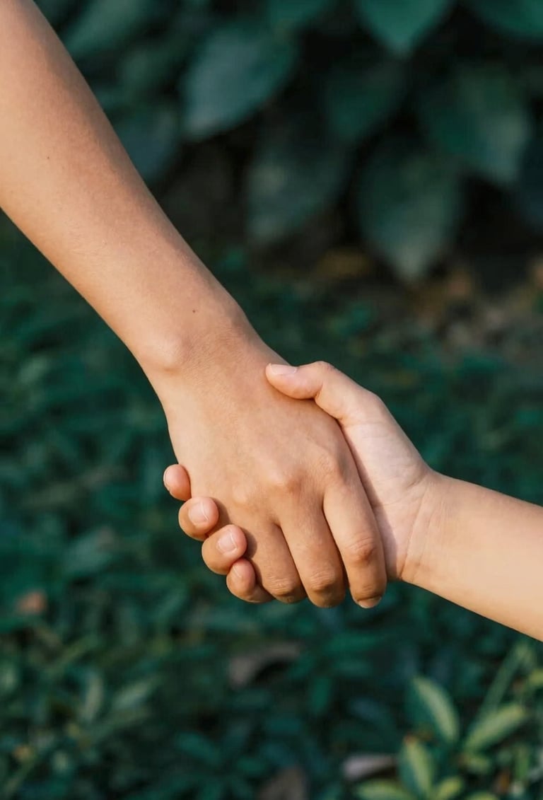 Candid close-up of a child's hand holding an adult's hand, softly lit by warm sunlight. The background is a blurred garden with deep teal green foliage and a few charcoal shadows for depth.