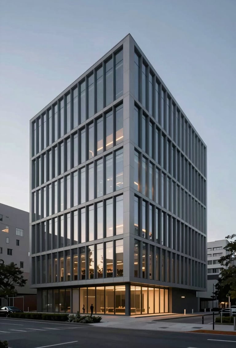 A wide-angle shot of a modern minimalist building with sharp geometric lines and floor-to-ceiling glass windows at dusk, showcasing a sophisticated glow and the #2F2E2E palette.