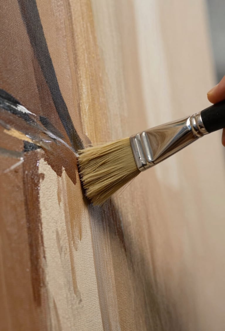 Close-up photography of a paintbrush stroking a textured canvas, vibrant but sophisticated abstract patterns, soft tan and dark brown shadows, North American art studio setting.