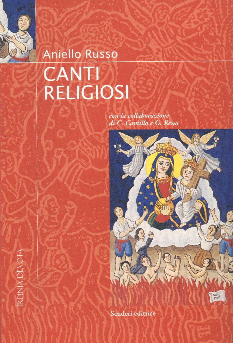 Cover of Aniello Russo's Canti Religiosi book featuring religious folk art illustration of the Virgin Mary.