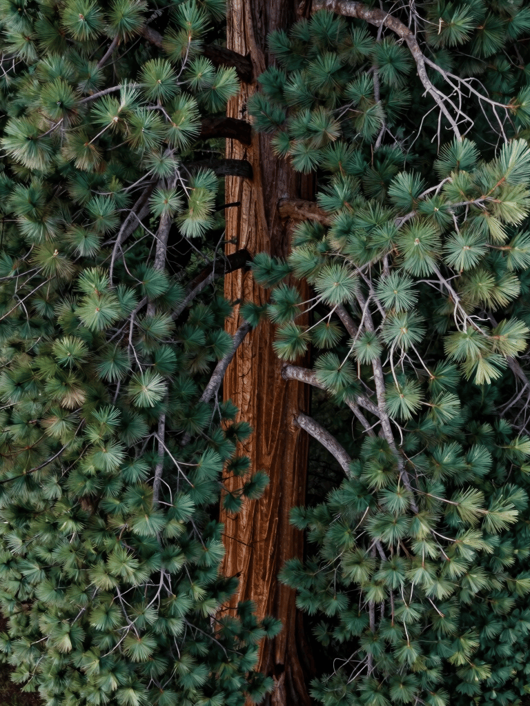 A top-down vertical aerial photograph looking directly into the crown of a giant sequoia tree. The intricate pattern of branches and deep green needles creates a serene, majestic texture. Soft, diffused daylight typical of the US Pacific Northwest.