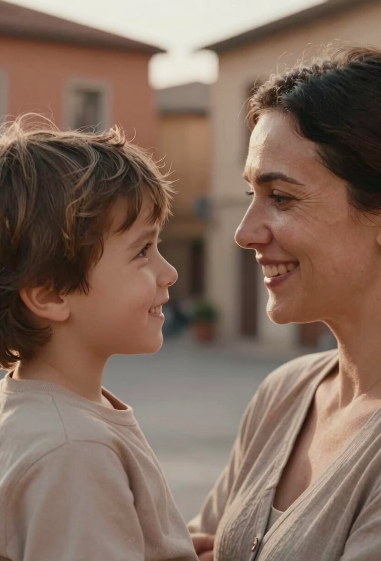 Close-up photography of a sincere interaction between a mother and child, soft afternoon light hitting their faces, authentic smiles, European setting, warm terracotta and muted sand tones.