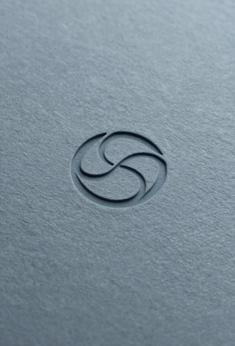 A extreme close-up of a high-quality paper texture in #8D9FB5 greyish blue. A logo is blind-debossed into the center, showing meticulous craftsmanship and sharp edges. Minimalist, architectural lighting.