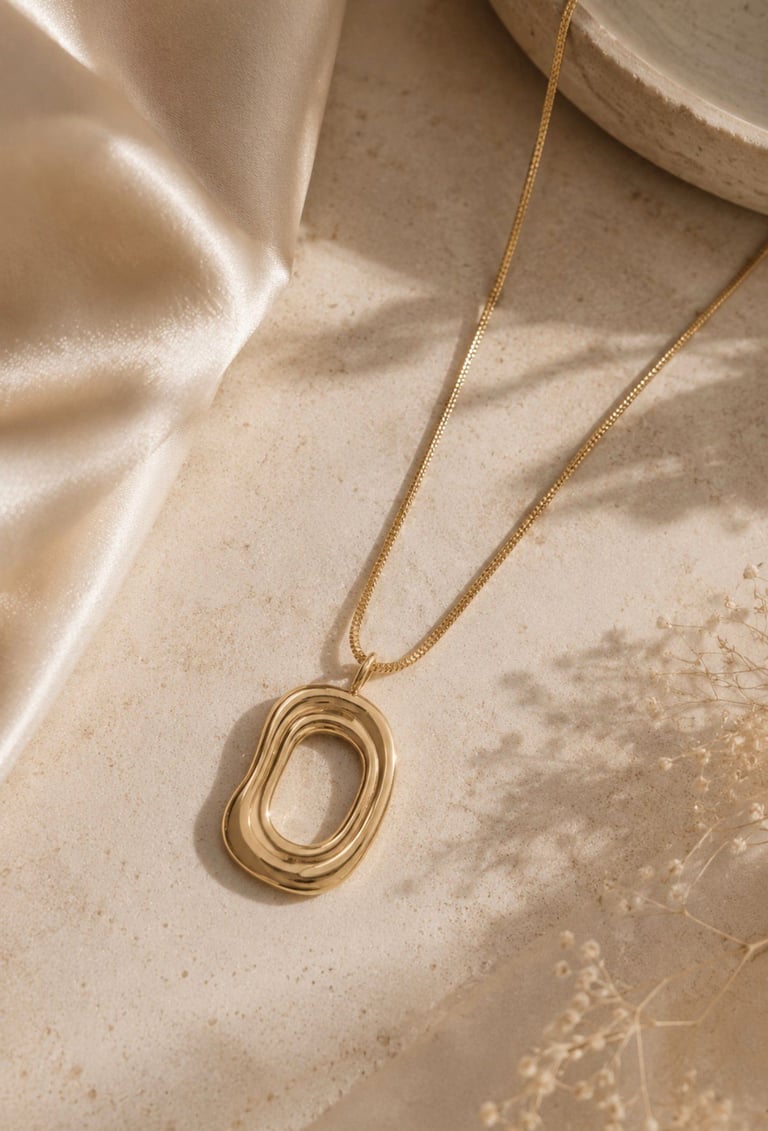 Gold pendant necklace displayed on a neutral surface with soft natural light.
