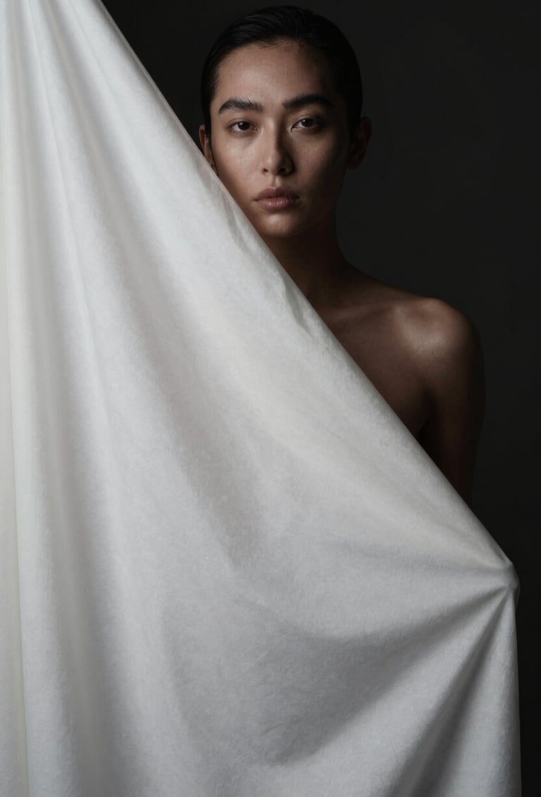 A high-fashion portrait with soft cloud white fabrics draped artistically. The model is partially hidden in deep obsidian shadows, with muted steel highlights on the skin texture. Sophisticated and moody.