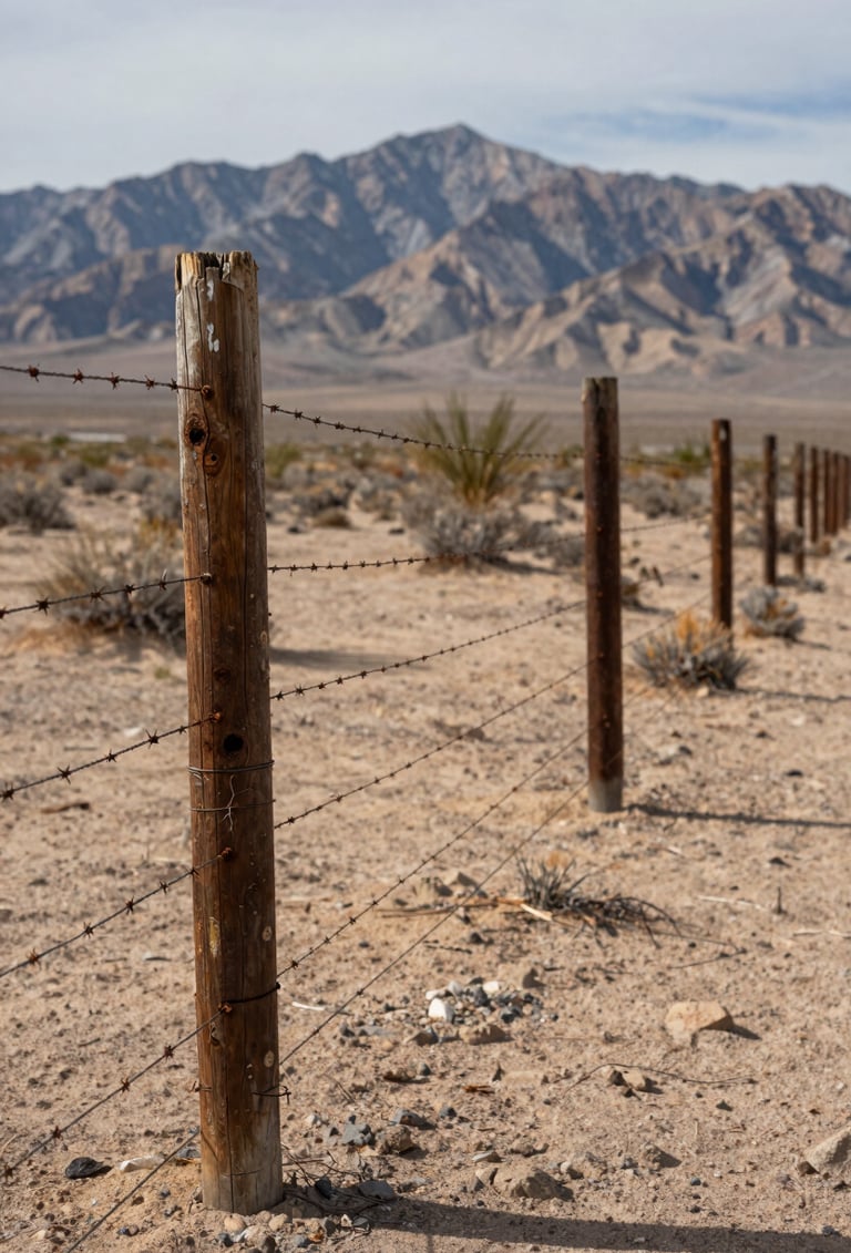A professional ground-level photograph of a barbed-wire fence line stretching across a desert plain in Northeast Nevada. The focus is sharp on the weathered cedar post and rusted wire, with sand-colored soil in the foreground. In the background, distant mountains are bathed in a soft haze, conveying strategic potential.