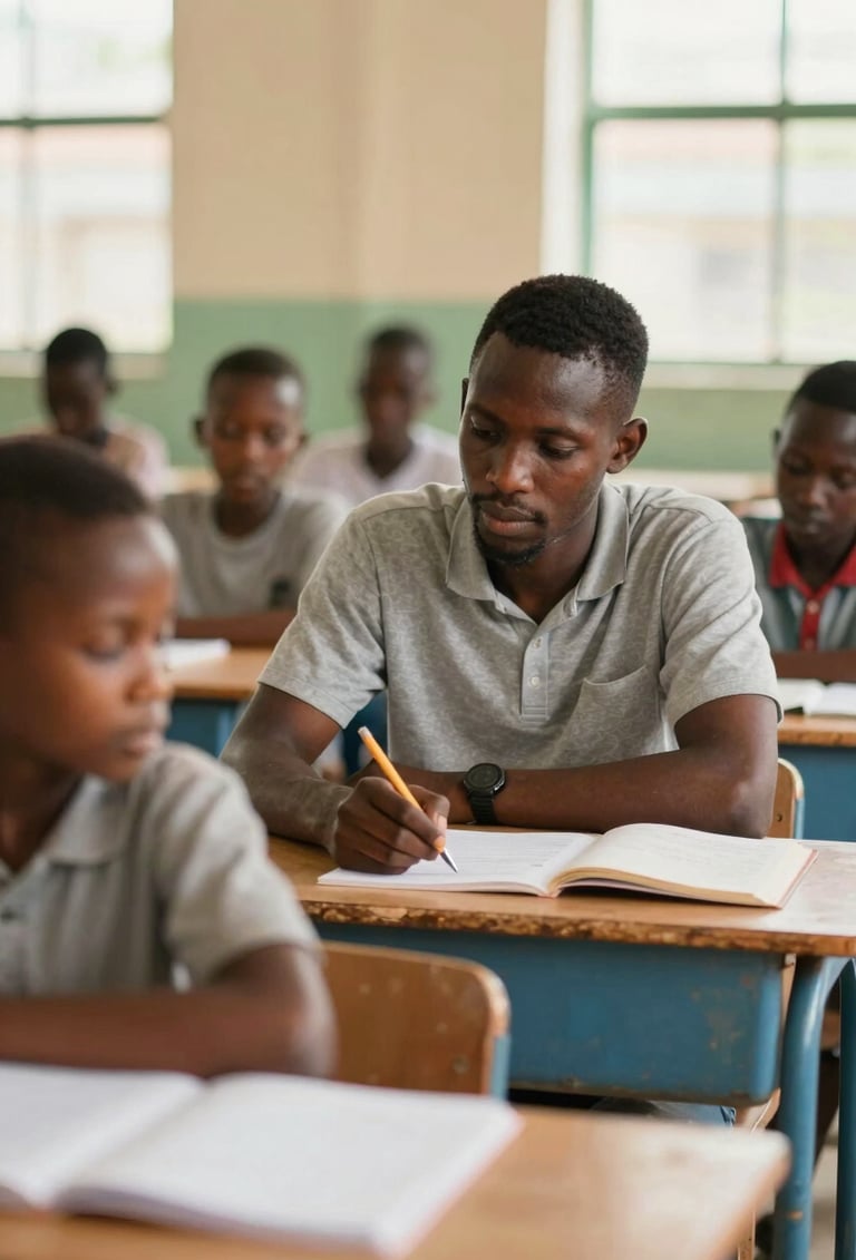 Frank Artus engaging with young students in a bright Liberian classroom. Sophisticated composition with soft natural light, featuring #A88B57 accents in the background.
