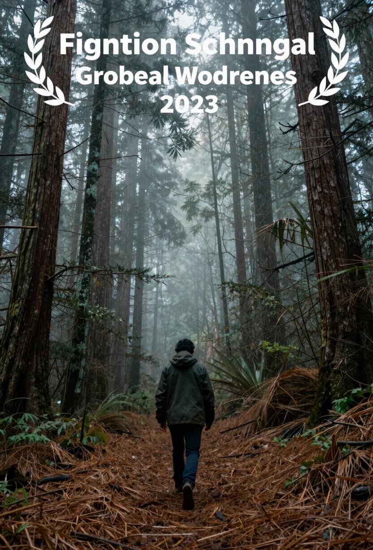 A grainy, film-style still from a point-of-view video. A person is walking through a dense Oregon forest, with muted blue-grey mist hanging between the tall trees and warm taupe needles on the ground.