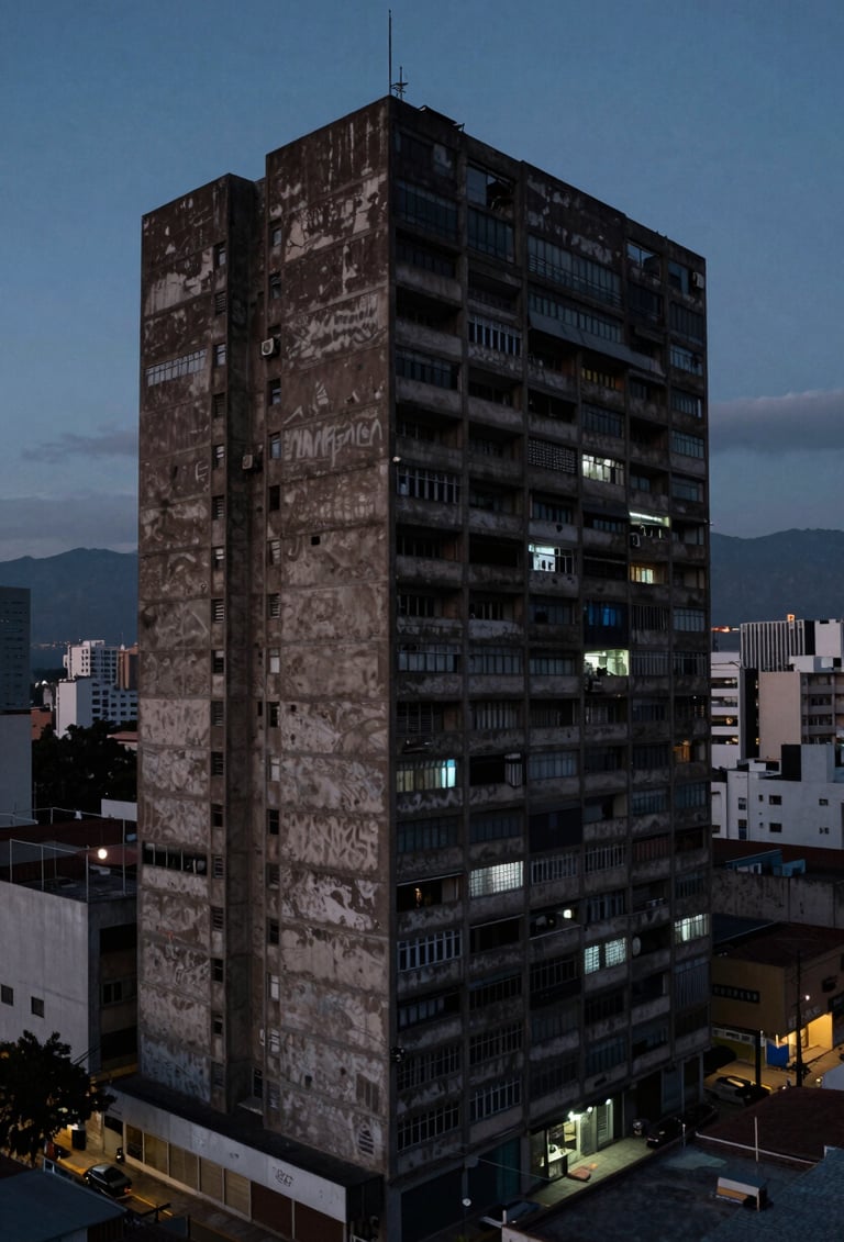 Wide-angle cinematic shot of a brutalist building in a Latin American / Hispanic city at dusk, moody atmosphere with deep Midnight Charcoal shadows and Slate Blue ambient light.