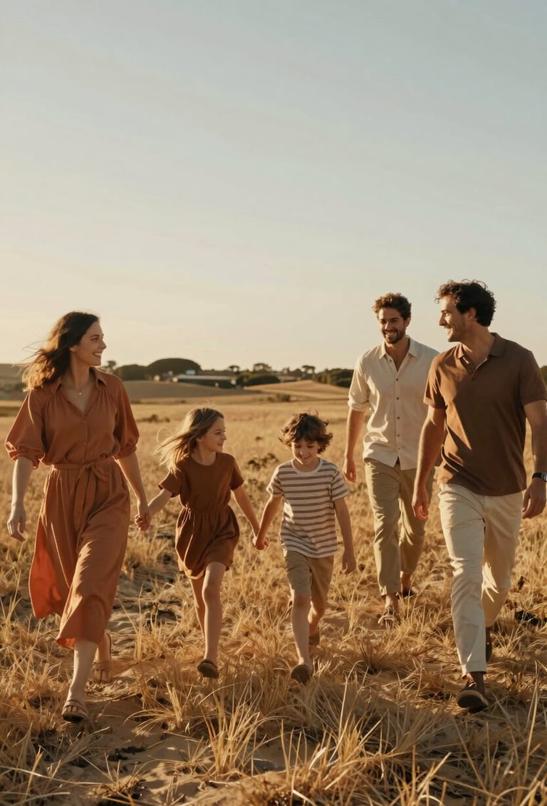 Cinematic wide shot of a family walking joyfully through a sun-drenched field in Portugal. Warm golden hour light, spontaneous movement, soft sand and terracotta color palette in their modern casual clothing.