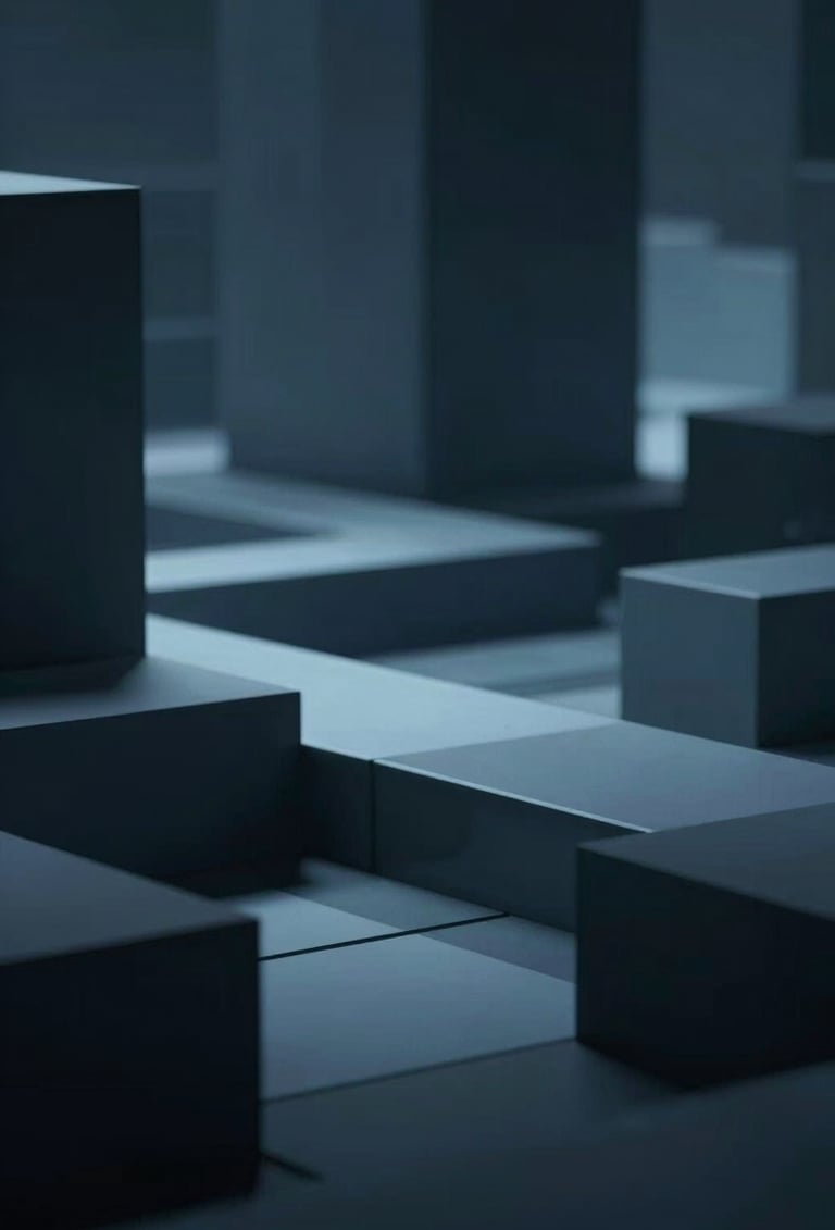 Wide-angle cinematic screenshot of a futuristic architectural game level. Geometric shapes and sharp edges are illuminated by deep navy #1A202C shadows and soft blue #E0E8F0 highlights. Professional craftsmanship vibe.