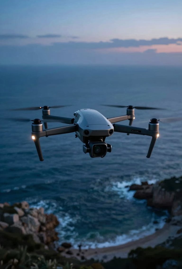 A sophisticated wide-angle shot of a high-end cinema drone hovering over a dramatic coastline at dusk, deep blues #1B263B in the water and sky, sharp metallic textures on the drone, cinematic lighting, professional quality.