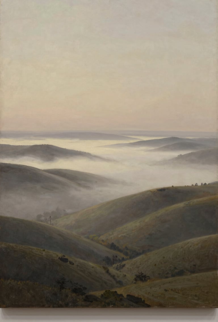 A large-scale landscape oil painting of a rolling valley at dawn. Soft off-white mist clinging to muted olive-grey hills. The sky is a gradient of warm taupe. Captured with professional gallery lighting to show the canvas texture.