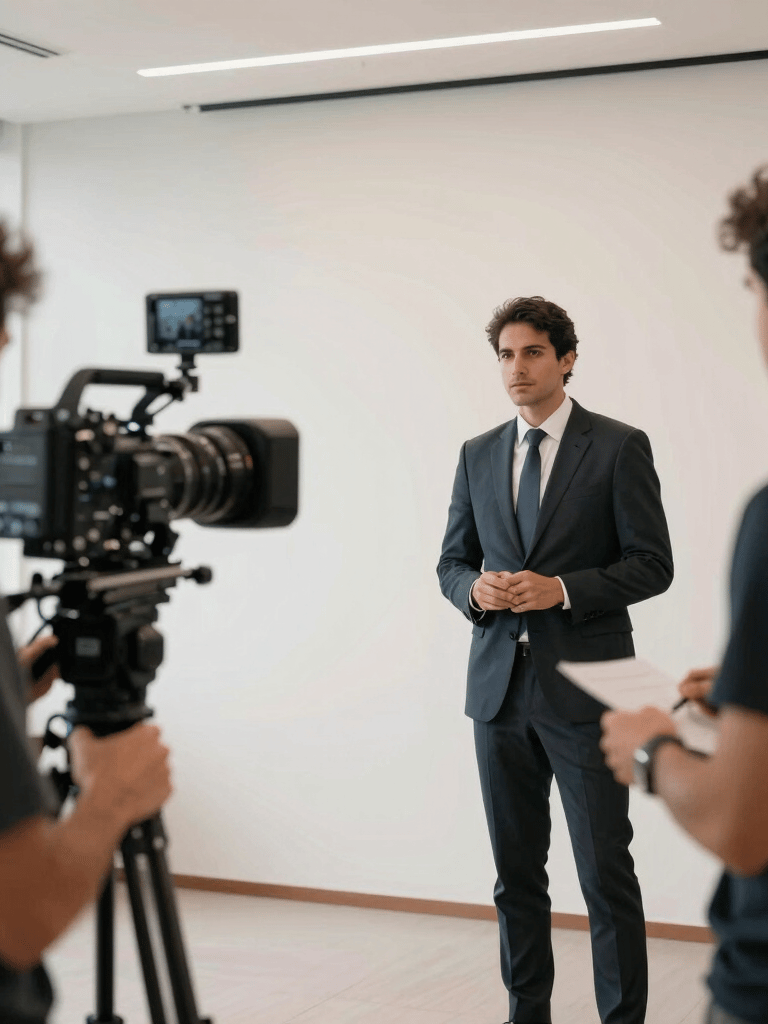A high-end cinematic shot of a corporate branding video production in a modern Brazilian office. A professional filmmaker is framing a shot of an executive. The composition is clean and minimalist, with sharp focus and professional studio lighting in off-white and deep charcoal tones.